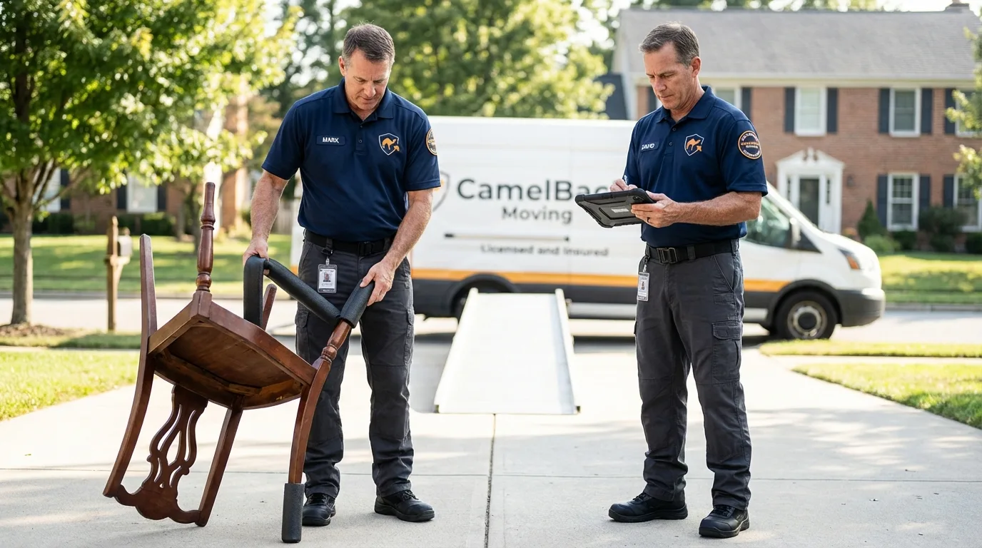 Movers inspecting furniture for damage prevention before loading in Scotts Valley, CA